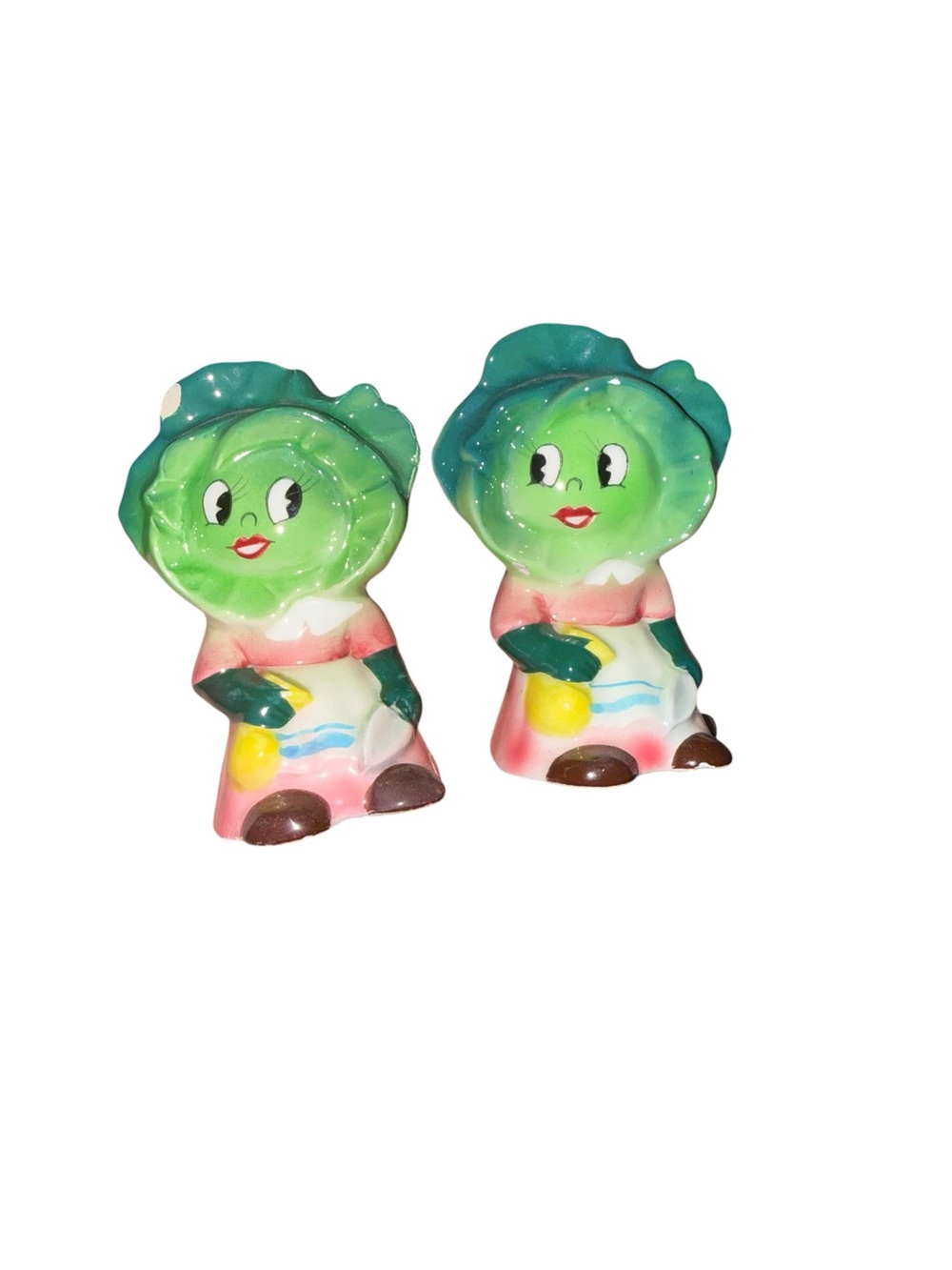 Vintage anthropomorphic lettuce head lady salt and pepper shakers